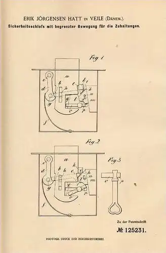 Original Patentschrift - E. Hatt in Vejle , Dänemark , 1901 , Sicherheitsschloß , Schloß !!!