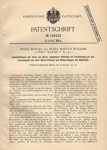 Original Patentschrift - F. Burger in Fort Wayne , USA , 1900 , Kessel für Lokomotive , Lok , Eisenbahn , Dampflok !!!