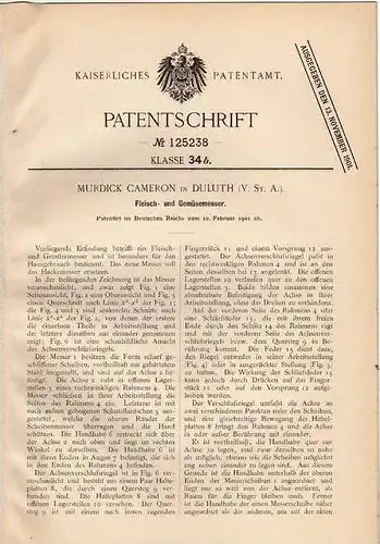 Original Patentschrift - M. Cameron in Duluth , USA , 1901 , Messer , Fleisch- und Gemüsemesser !!!