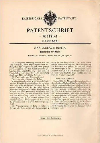 Original Patentschrift - Falle für Mäuse , 1900 , M. Lorenz in Berlin , Mausefalle , Maus !!!