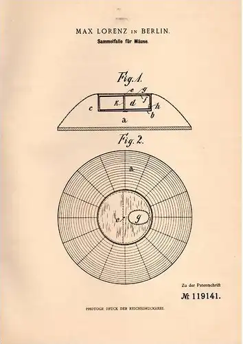 Original Patentschrift - Falle für Mäuse , 1900 , M. Lorenz in Berlin , Mausefalle , Maus !!!