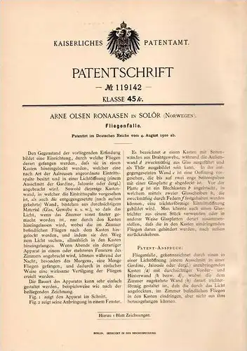 Original Patentschrift - A. Ronaasen in Solör , Norwegen , 1900 , Falle für Fliegen , Fliege , Fliegenfalle !!!