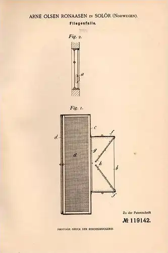 Original Patentschrift - A. Ronaasen in Solör , Norwegen , 1900 , Falle für Fliegen , Fliege , Fliegenfalle !!!