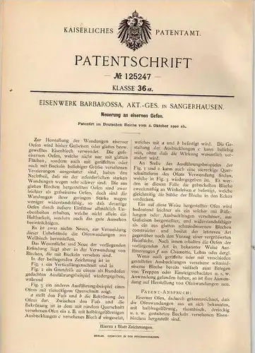 Original Patentschrift - Eisenwerk Barbarossa in Sangerhausen , 1900 , eiserne Öfen , Gußofen , Ofen !!!