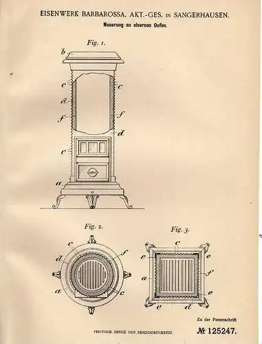 Original Patentschrift - Eisenwerk Barbarossa in Sangerhausen , 1900 , eiserne Öfen , Gußofen , Ofen !!!