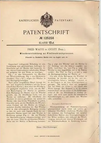 Original Patentschrift - F. Waite in Otley , England , 1900 , Plattendruckpresse , Presse , Druckerei , Buchdruck !!!