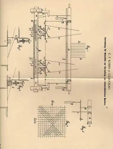 Original Patentschrift - C. Kobes in Glauchau , 1899 , Webstuhl für Stickerei - Muster , Weberei !!!