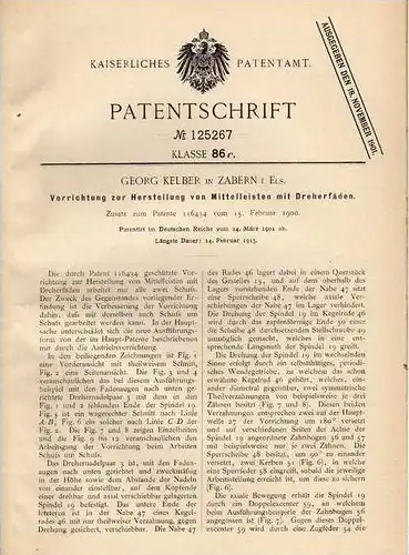 Original Patentschrift - G. Kelber in Zabern i. Elsass , 1901 , Herstellung von Leisten , Saverne !!