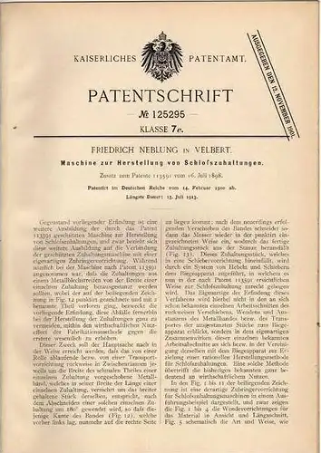 Original Patentschrift - F. Neblung in Velbert , 1900 , Maschine für Schlösser , Schloßzuhaltungen !!!