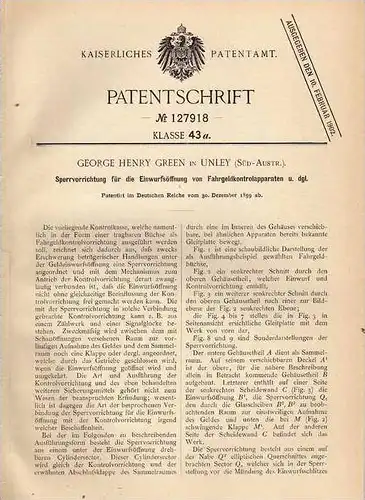 Original Patentschrift - G. Green in Unley , Australien , 1899 , Fahrgeld - Kontrollapparat , Bus , Taxi !!!