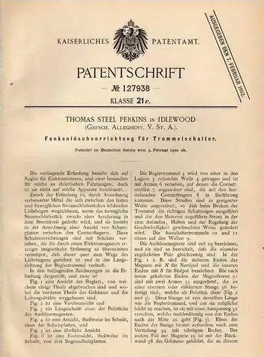 Original Patentschrift - T. Perkins in Idlewood , USA , 1900 , Löschapparat für Trommelschalter , Elektromotor !!!