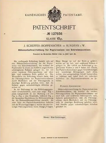 Original Patentschrift - J. Scheffer in Sundern i.W. , 1900 , Walze für Schreibmaschine , Schaltvorrichtung !!!