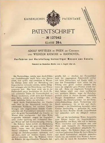 Original Patentschrift - A. Spitteler in Prien am Chiemsee , 1897 , Herstellung hornartiger Massen aus Casein , Chemie !