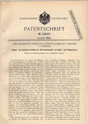 Original Patentschrift - Druck und Prägepresse , Presse , 1899 , The Johnston Foreign Patents Ltd. in London , Prägung !