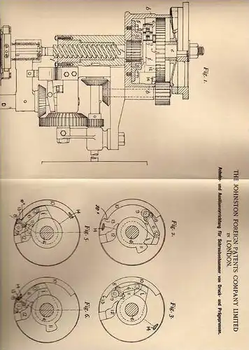 Original Patentschrift - Druck und Prägepresse , Presse , 1899 , The Johnston Foreign Patents Ltd. in London , Prägung !