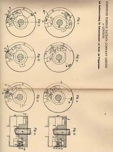 Original Patentschrift - Druck und Prägepresse , Presse , 1899 , The Johnston Foreign Patents Ltd. in London , Prägung !