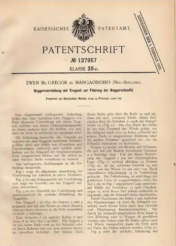 Original Patentschrift - E. Mc Gregor in Mangaonoho , Neuseeland , 1900 , Bagger mit Tragseil - Baggerschaufel !!!