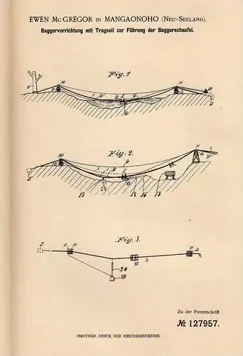 Original Patentschrift - E. Mc Gregor in Mangaonoho , Neuseeland , 1900 , Bagger mit Tragseil - Baggerschaufel !!!