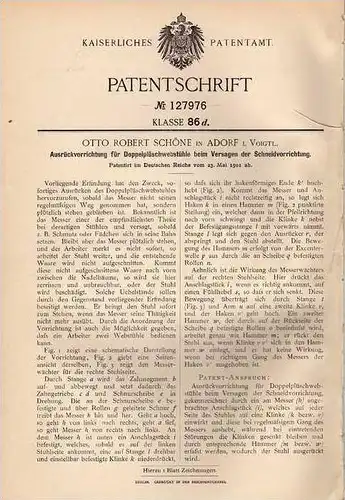 Original Patentschrift - O. Schöne in Adorf i. Vogtland , 1901 , Plüsch - Webstuhl , Weberei !!!