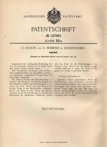 Original Patentschrift - C. Sebbesse in Aschersleben , 1901 , Stuhl für Jagd , Jagdstuhl , Jäger !!!