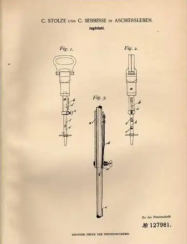 Original Patentschrift - C. Sebbesse in Aschersleben , 1901 , Stuhl für Jagd , Jagdstuhl , Jäger !!!