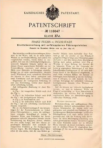 Original Patentschrift - F. Fuchs in Ingolstadt , 1899 , Vorhang , Rolleau , Jalousie , Fenster !!!