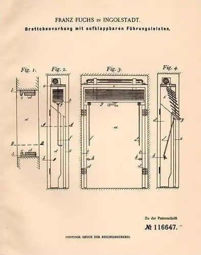 Original Patentschrift - F. Fuchs in Ingolstadt , 1899 , Vorhang , Rolleau , Jalousie , Fenster !!!