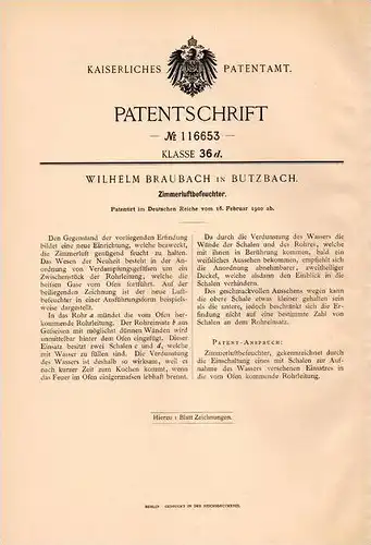Original Patentschrift - W. Braubach in Butzbach , 1900 , Luftbefeuchter für Zimmer !!!