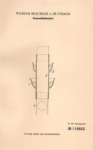 Original Patentschrift - W. Braubach in Butzbach , 1900 , Luftbefeuchter für Zimmer !!!