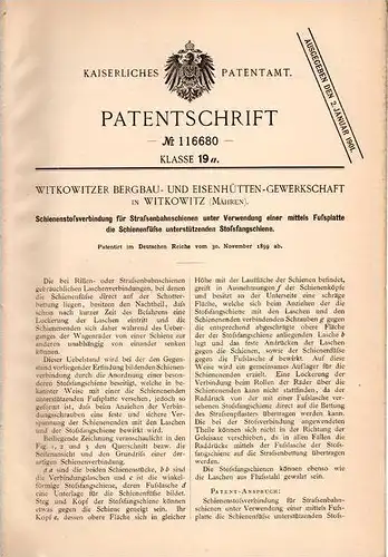 Original Patentschrift - Bergbau und Eisenhütte in Witkowitz , 1899 , Schienen für Straßenbahn , Schiene , Gleis !!!