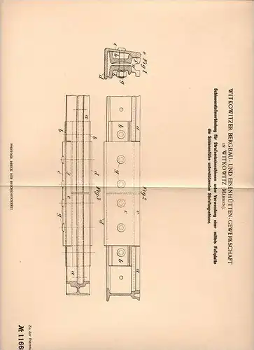 Original Patentschrift - Bergbau und Eisenhütte in Witkowitz , 1899 , Schienen für Straßenbahn , Schiene , Gleis !!!