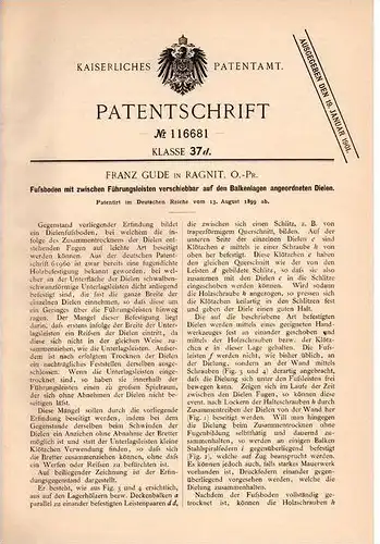 Original Patentschrift - F. Gude in Ragnit , Ostpreussen , 1899 , Fußboden mit verschiebbaren Dielen , Parkett !!!