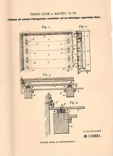 Original Patentschrift - F. Gude in Ragnit , Ostpreussen , 1899 , Fußboden mit verschiebbaren Dielen , Parkett !!!