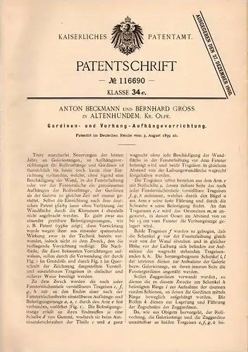 Original Patentschrift - A. Beckmann in Altenhundem , Kr. Olpe , 1899 , Gardine , Vorhang , Gardinen !!!