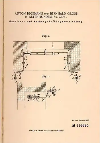 Original Patentschrift - A. Beckmann in Altenhundem , Kr. Olpe , 1899 , Gardine , Vorhang , Gardinen !!!