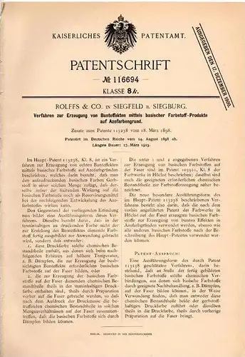 Original Patentschrift - Rolffs & Co in Siegfeld b. Siegburg , 1898 , Farben - Bunteffekte , Farbe !!!