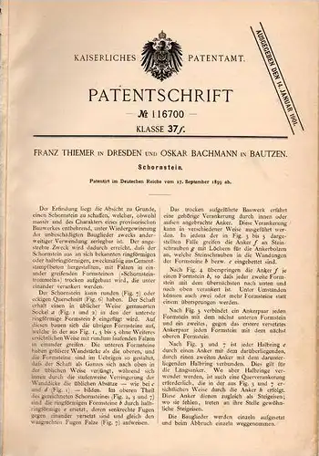 Original Patentschrift - F. Thiemer in Dresden und Bautzen , 1899 , Schornstein , Esse !!!