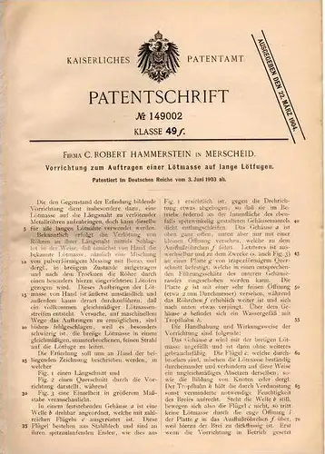 Original Patentschrift - Robert Hammerstein in Merscheid , 1903 , Apparat für Lötmasse , Löten , Lötofen !!!