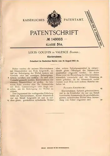 Original Patentschrift - L. Goulvin in Valence , 1902 , Klavier - Rahmen , Piano !!!