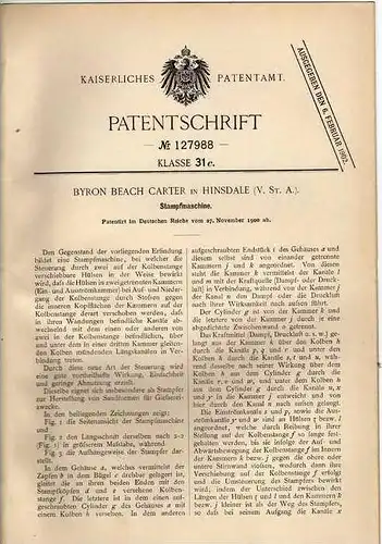 Original Patentschrift - B. Carter in Hinsdale , USA , 1900 , Stampfmaschine !!!