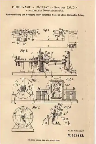 Original Patentschrift - P. le Hégart an Bord des Baudin ,franz. Nordgeschwader , 1901 , Schaltvorrichtung für Wellen !!