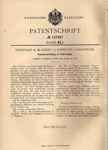 Original Patentschrift - Steinfeldt & Blasberg in Hannover - Vahrenwald , 1901 , Federwaage , Waage !!!