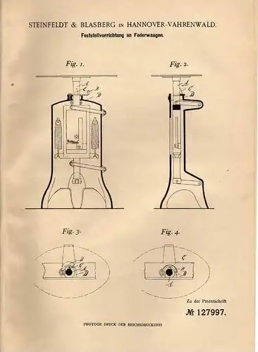 Original Patentschrift - Steinfeldt & Blasberg in Hannover - Vahrenwald , 1901 , Federwaage , Waage !!!