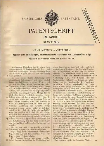 Original Patentschrift - H. Mathis in Ottleben b. Ausleben , 1903 , Apparat für Zuckersaft , Sirup , Saft !!!