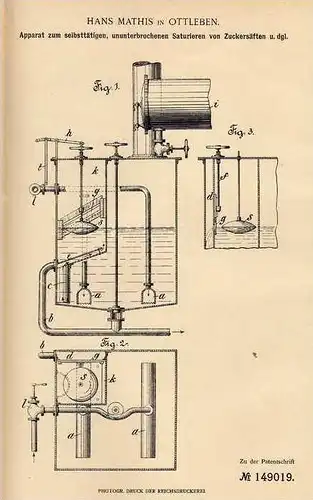 Original Patentschrift - H. Mathis in Ottleben b. Ausleben , 1903 , Apparat für Zuckersaft , Sirup , Saft !!!