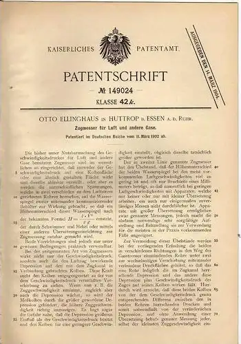 Original Patentschrift - O. Ellinghaus in Huttrop b. Essen a.d. Ruhr , 1902 , Zugmesser für Luft und Gase !!!