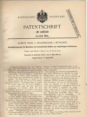 Original Patentschrift - R. Nass in Thalkirchen b. München , 1903 , Steuerung für Maschinen !!!