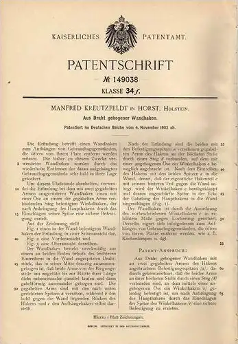 Original Patentschrift - M. Kreutzfeldt in Horst , Holstein , 1902 , Wandhaken aus Draht !!!