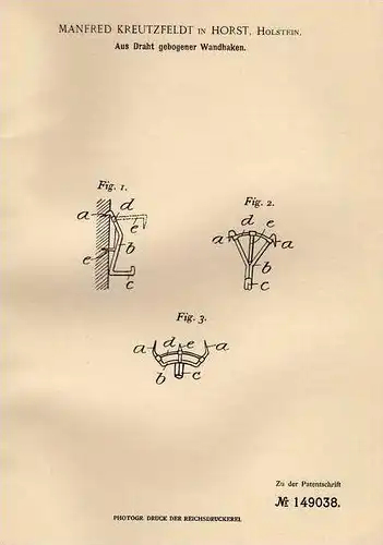 Original Patentschrift - M. Kreutzfeldt in Horst , Holstein , 1902 , Wandhaken aus Draht !!!