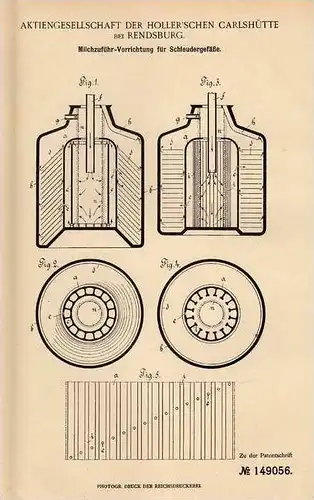 Original Patentschrift - Holler`sche Carlshütte b. Rendsburg , 1903 , Schleudergefäß für Milch , Schleuder , Molkerei !!